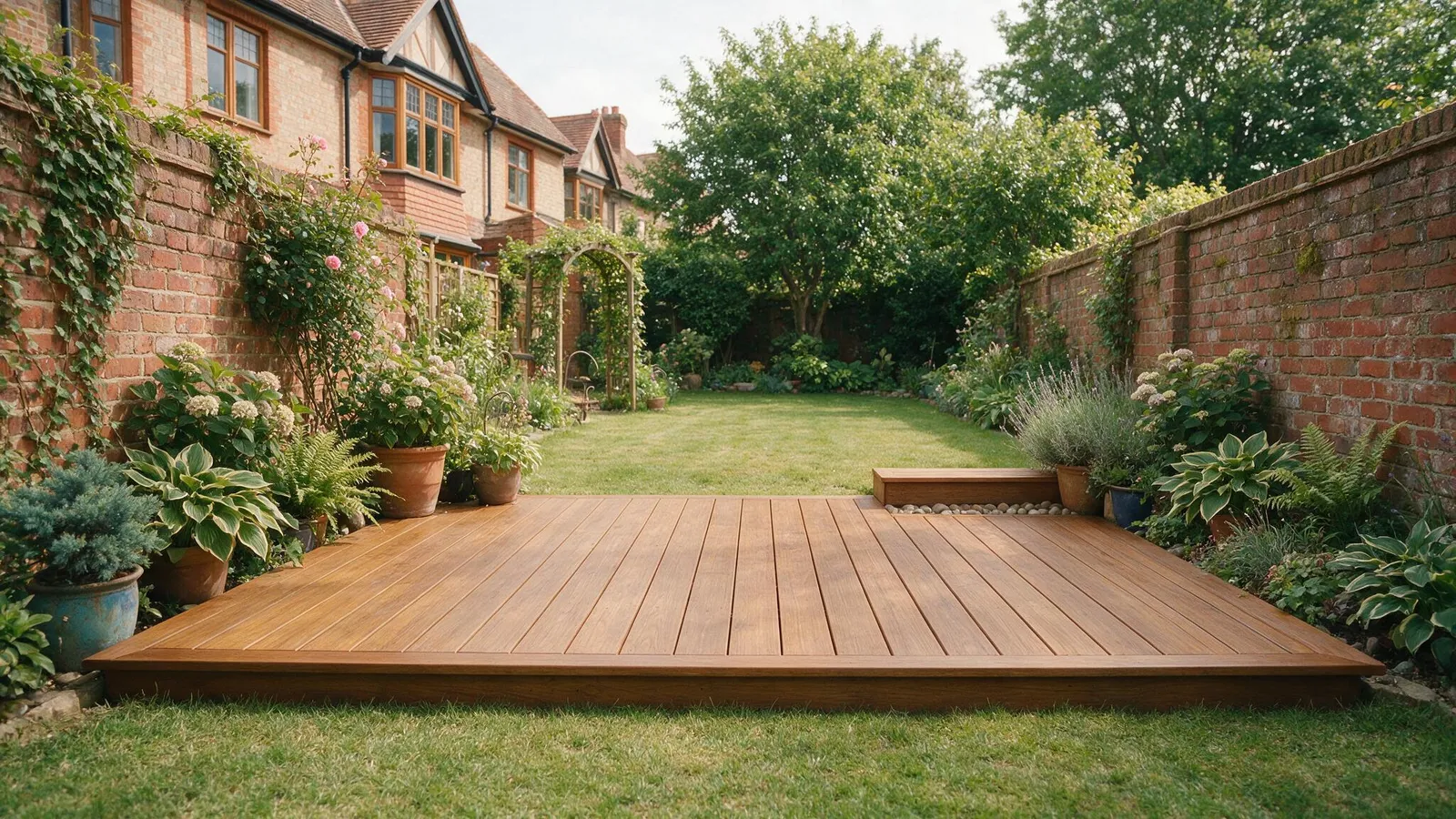 Illustration of a low garden deck sitting just above lawn level in a walled rear garden