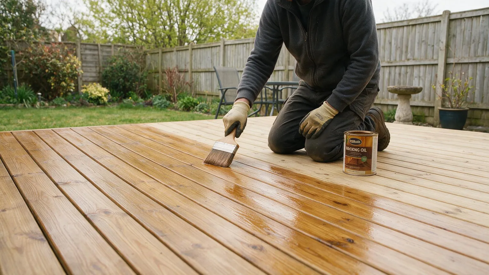 Illustration of a person kneeling and brushing decking oil onto softwood boards, half the deck freshly oiled