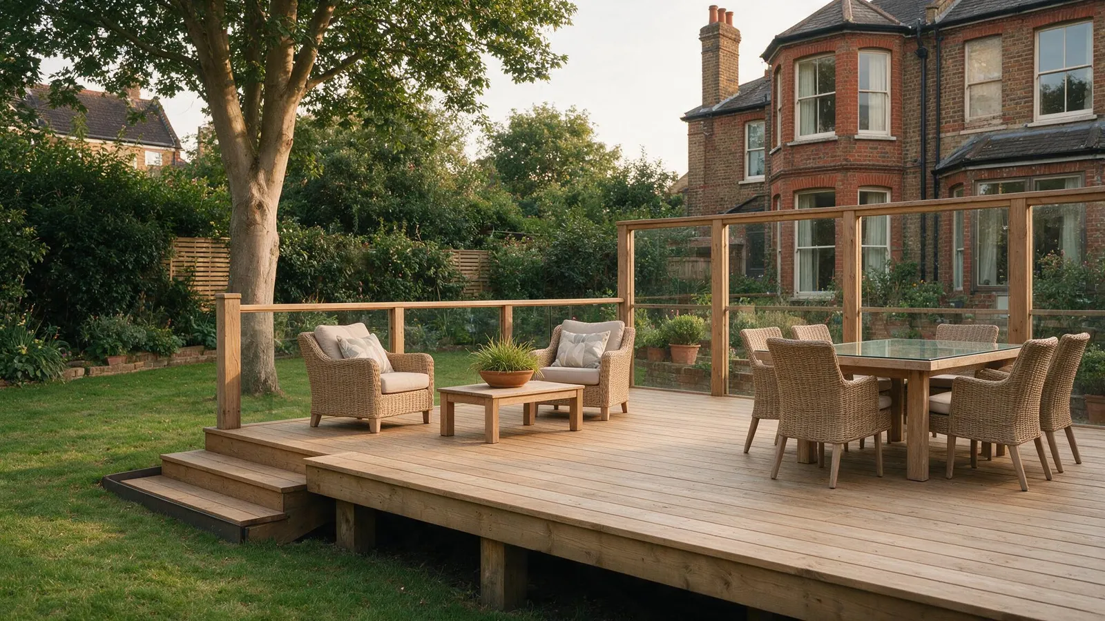 Illustration of a raised timber deck with glass balustrade behind a Victorian brick house