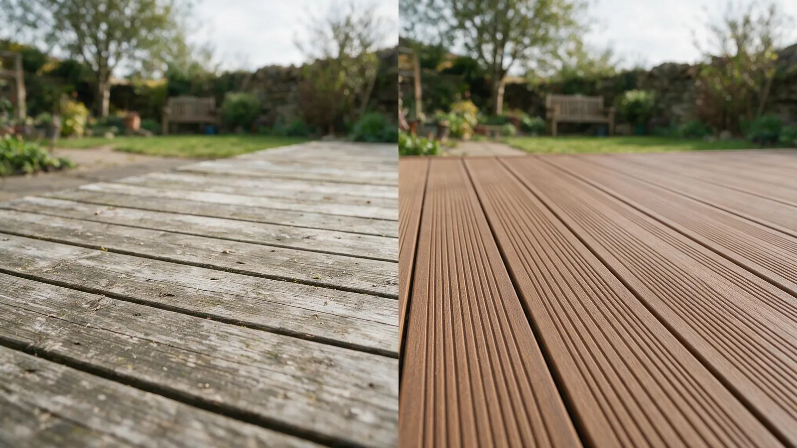 Illustration contrasting weathered greying softwood decking boards with clean brown composite decking boards