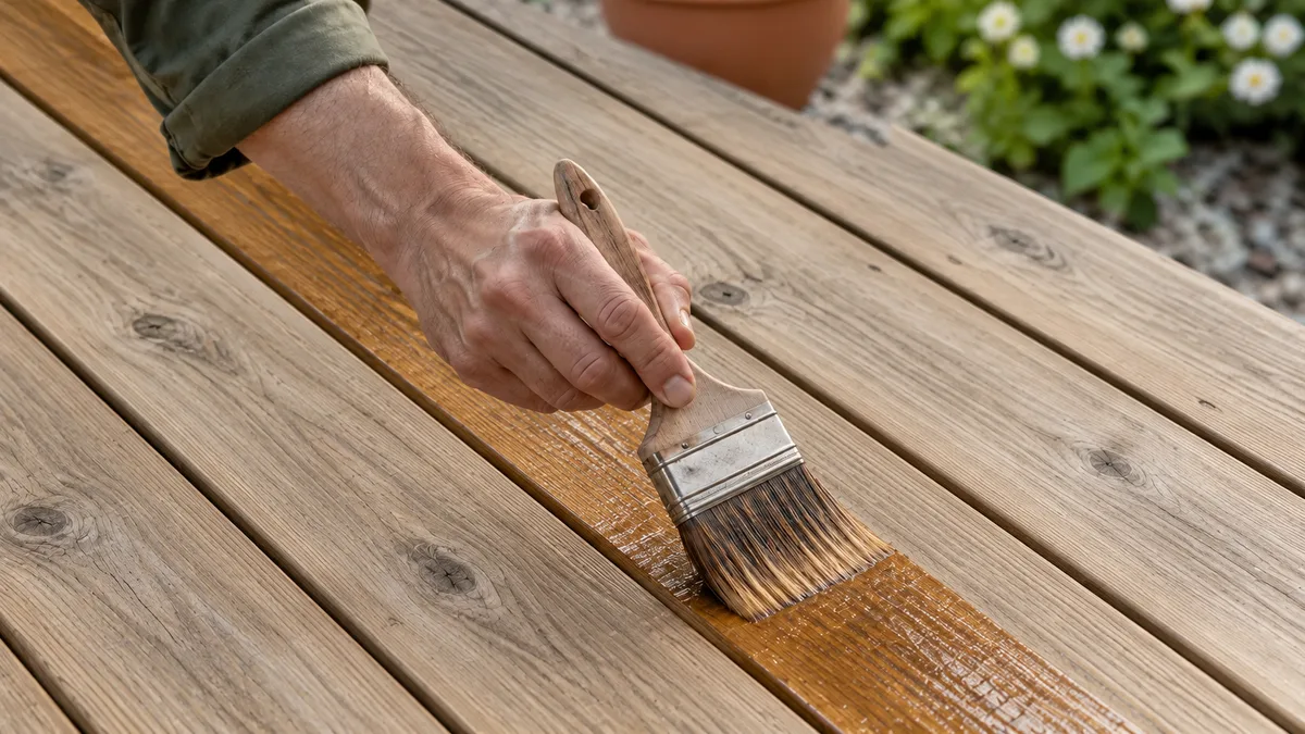 Close-up of a hand holding a flat brush and applying oil along timber deck boards