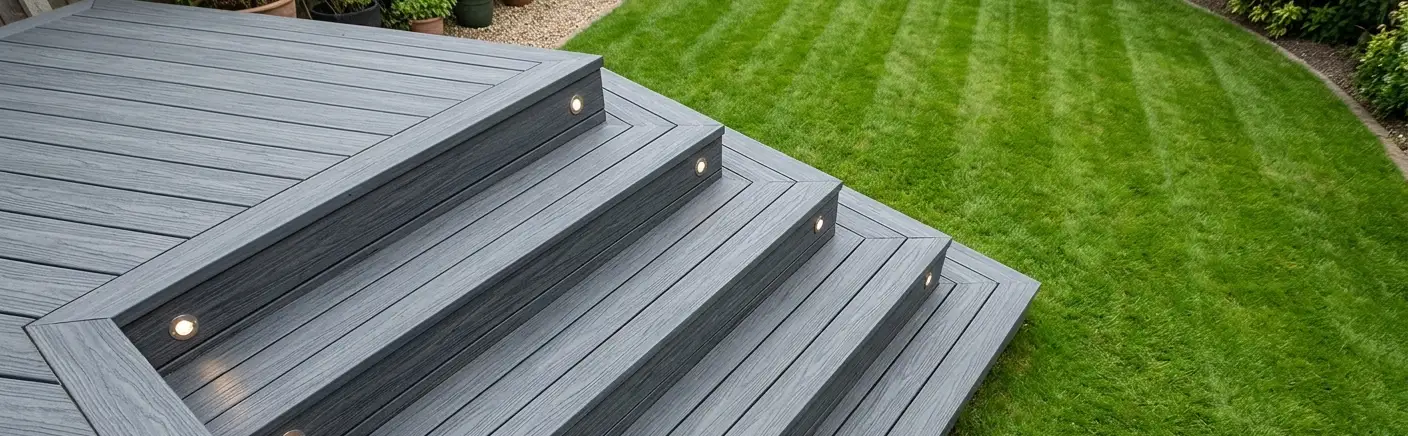 How to clean composite decking: caring for grey garden boards and steps Grey composite decking with wide steps and recessed lights beside a garden lawn