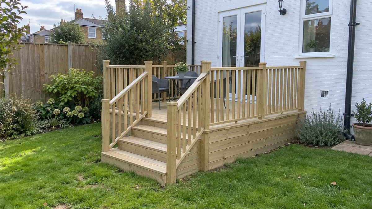 Raised timber deck with three steps and timber balustrades beside a white brick house