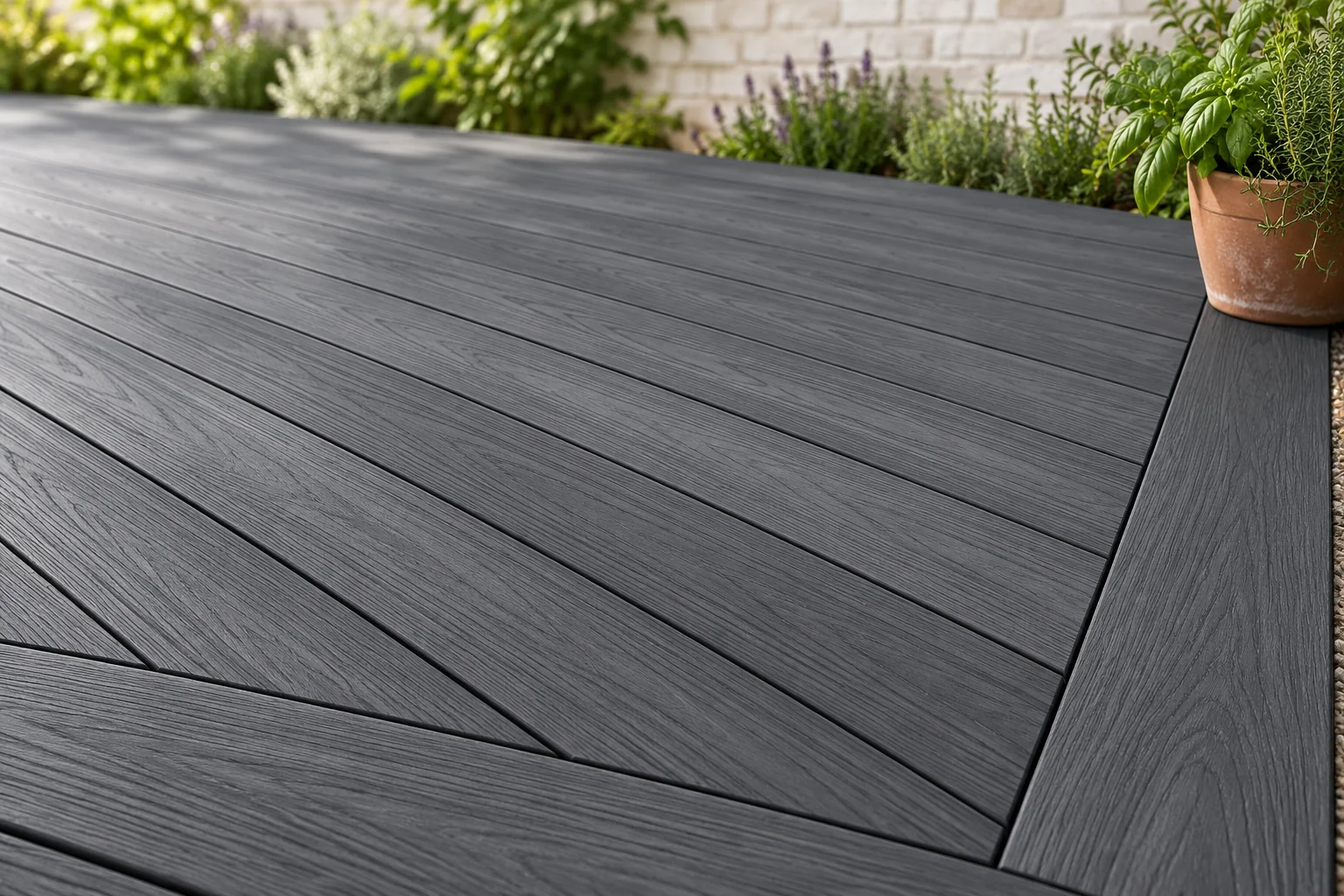 Dino Decking in London — AI detail of charcoal boards and a picture-frame border